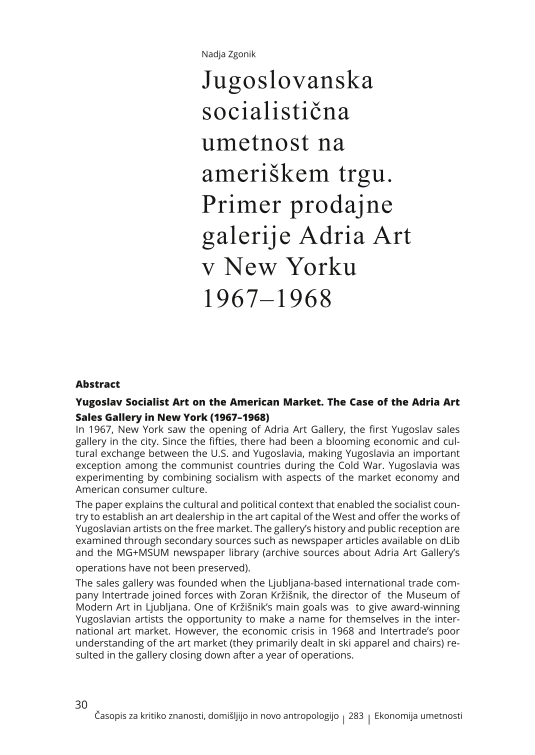 Jugoslovanska socialistična umetnost na ameriškem trgu. Primer prodajne galerije Adria Art v New Yorku 1967–1968