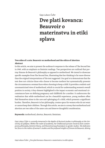 Dve plati kovanca: Beauvoir o materinstvu in etiki splava